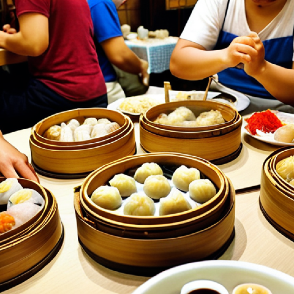 **Hong Kong Dim Sum:** A bustling dim sum restaurant in Hong Kong. Focus on the variety of dim sum dishes on bamboo steamers, with people sharing and enjoying the food. Include elements like teapots, chopsticks, and a vibrant atmosphere.