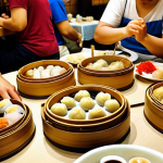 **Hong Kong Dim Sum:** A bustling dim sum restaurant in Hong Kong. Focus on the variety of dim sum dishes on bamboo steamers, with people sharing and enjoying the food. Include elements like teapots, chopsticks, and a vibrant atmosphere.