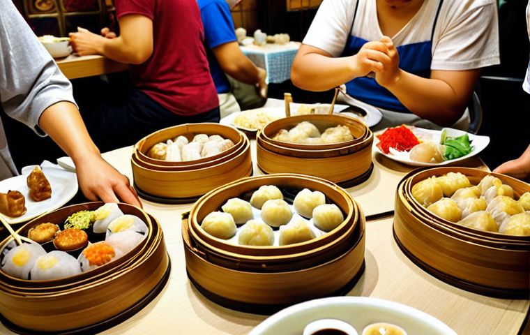 **Hong Kong Dim Sum:** A bustling dim sum restaurant in Hong Kong. Focus on the variety of dim sum dishes on bamboo steamers, with people sharing and enjoying the food. Include elements like teapots, chopsticks, and a vibrant atmosphere.