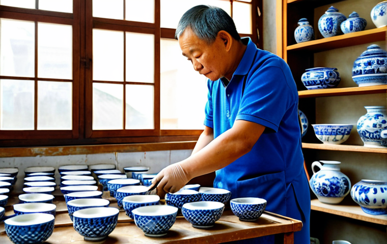 Traditional Ceramic Workshop**

"A small, family-run ceramic workshop in Macao. A middle-aged artisan, fully clothed in modest work clothes, carefully paints a blue and white design on a porcelain bowl. Shelves filled with finished pottery surround him.  Natural light streams through a window.  Safe for work, appropriate content, professional craftsmanship, perfect anatomy, natural proportions, high quality, fully clothed, family-friendly."

**