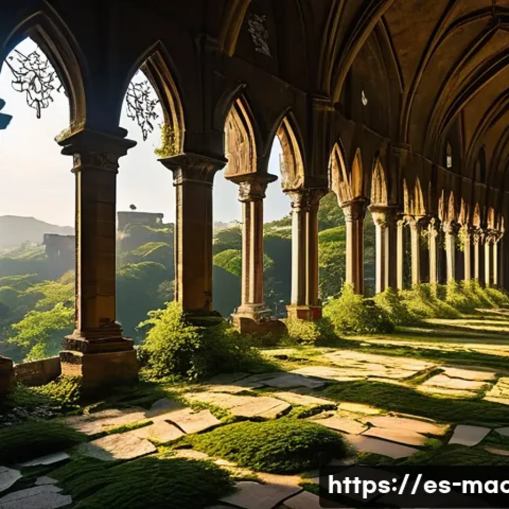 성 바울 성당 유적지의 의미 - A detailed, atmospheric depiction of the ruins of the Cathedral of San Pablo at golden hour, highlig...