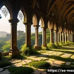성 바울 성당 유적지의 의미 - A detailed, atmospheric depiction of the ruins of the Cathedral of San Pablo at golden hour, highlig...
