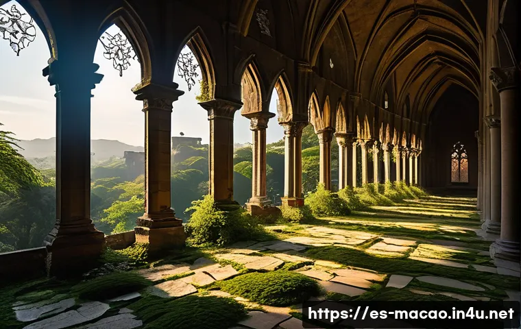 성 바울 성당 유적지의 의미 - A detailed, atmospheric depiction of the ruins of the Cathedral of San Pablo at golden hour, highlig...