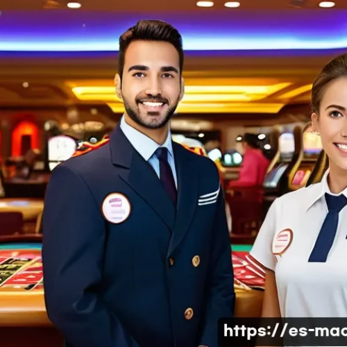 카지노 산업의 경제 기여도 - A vibrant casino interior scene in a mid-sized Spanish city, showcasing a diverse group of employees...