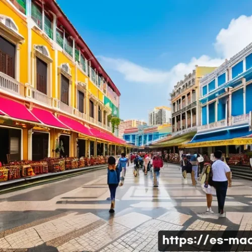 마카오의 유네스코 세계문화유산 - A detailed, vibrant street scene of Senado Square in Macau during a sunny day, showcasing Portuguese...