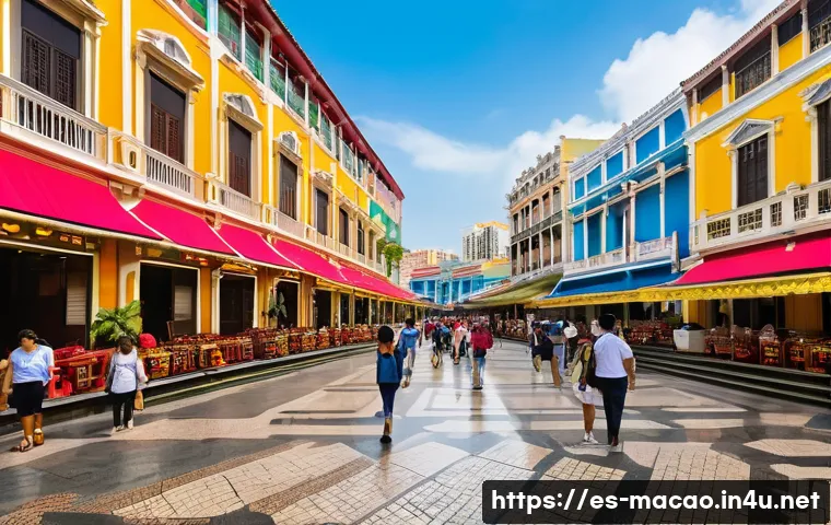 마카오의 유네스코 세계문화유산 - A detailed, vibrant street scene of Senado Square in Macau during a sunny day, showcasing Portuguese...