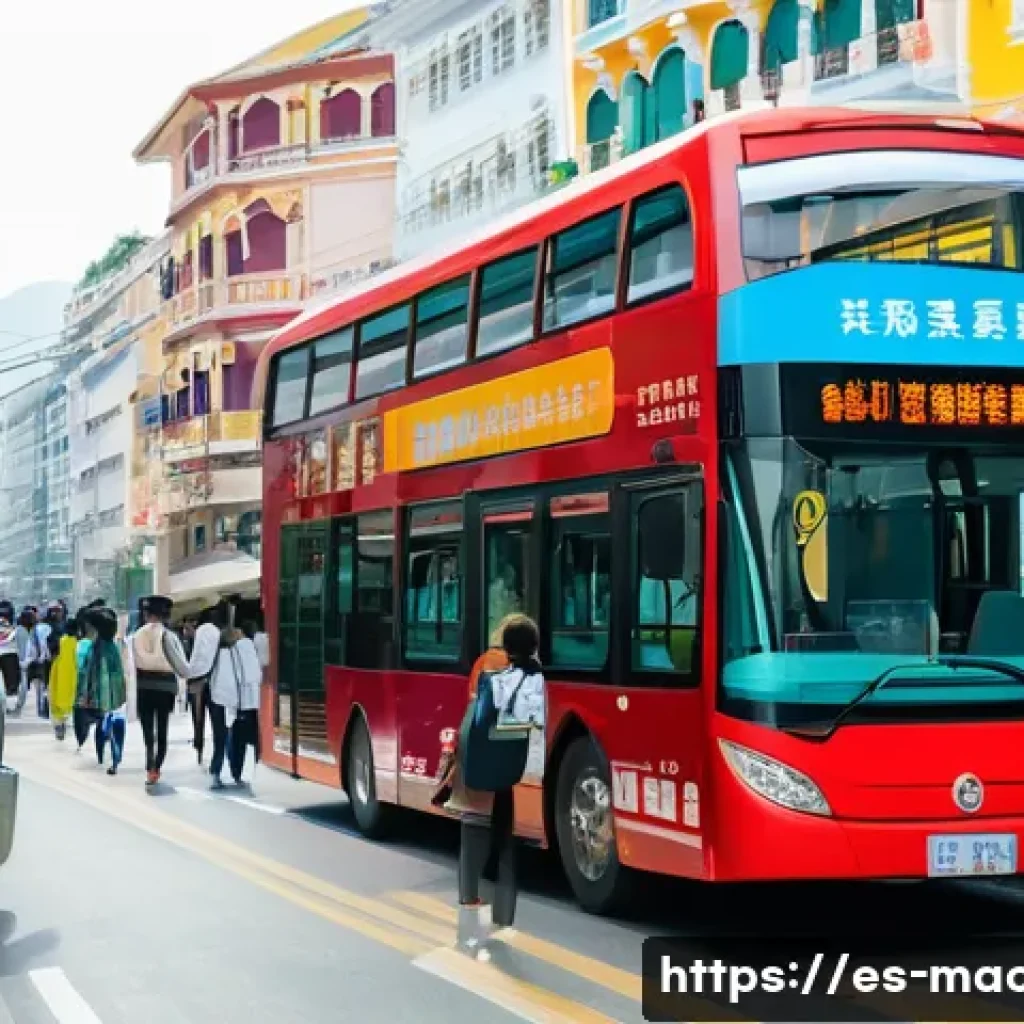 마카오 버스 노선과 교통 팁 - A bustling Macau city bus scene during daytime, showing a modern double-decker bus with clear Macau ...