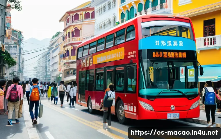 마카오 버스 노선과 교통 팁 - A bustling Macau city bus scene during daytime, showing a modern double-decker bus with clear Macau ...
