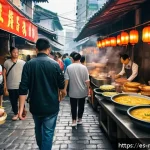 마카오 로컬시장 먹거리 - A vibrant street food market scene in Macao during the daytime, showcasing bustling food stalls with...