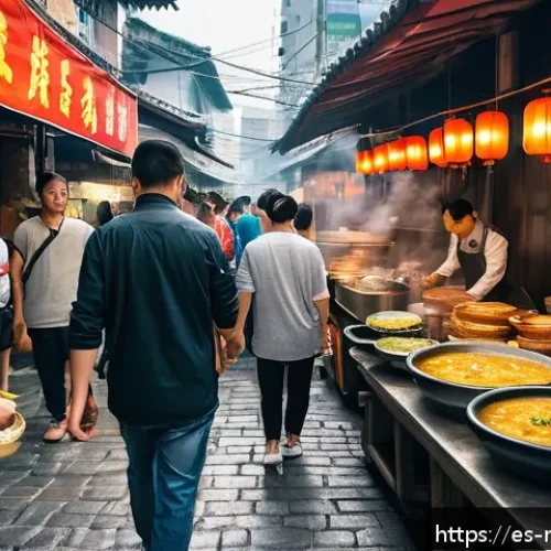 마카오 로컬시장 먹거리 - A vibrant street food market scene in Macao during the daytime, showcasing bustling food stalls with...