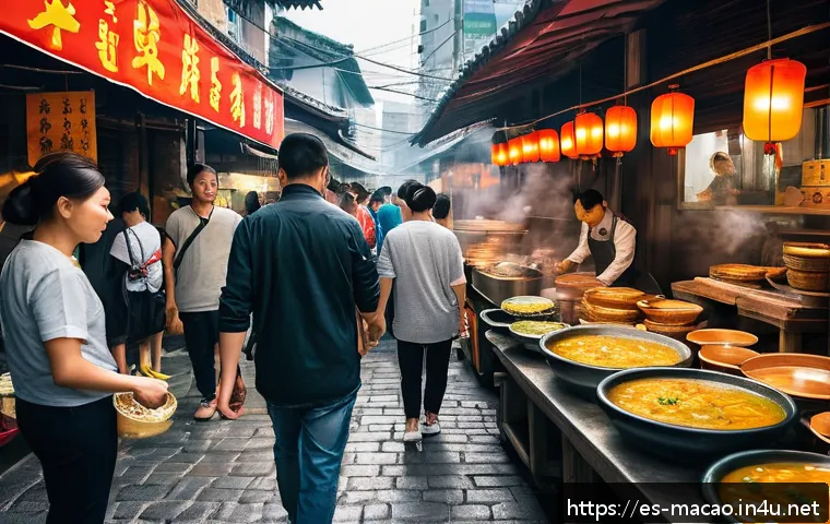 마카오 로컬시장 먹거리 - A vibrant street food market scene in Macao during the daytime, showcasing bustling food stalls with...
