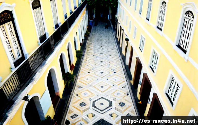 마카오의 포르투갈 문화 유산 - Photorealistic wide-angle view of Macau’s historic Portuguese-influenced old quarter, pastel yellow ...